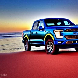 Ford F150 Hydro Blue 2022 Truck on a Red Sand Beach at sunset