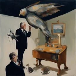 UN conference,a cat and human flesh-like surgical instruments and universe-like a pigeon and neuralink, surrealism,minimalism,Painting By Adrian Ghenie, Rene Magritte, Salvador Dali, Lucian Freud