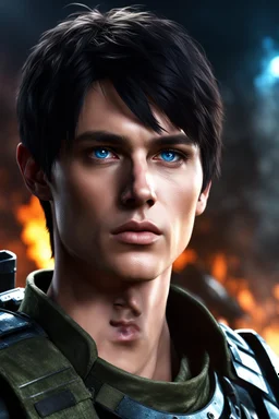 27 year old male with short dark hair and blue eyes, army combats, photorealistic, 4k, dark fantasy