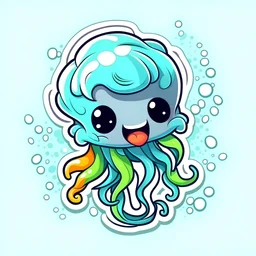 cute stickers, style cartoon, cute Super Deformed Character, white border, high quality, colorful, Detailed illustration of a jellyfish gently swaying in the ocean currents. awesome full color,