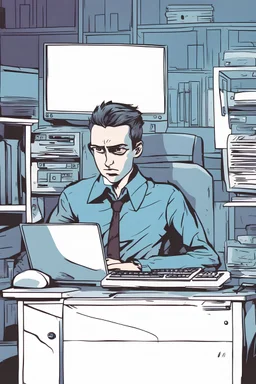 Lonely boy in a pc, coloured comic style, blue tones,