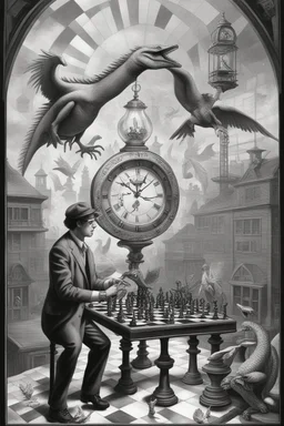 news paper journalist harlequin playing burning chess geese dinosaur reptiles on the docks with twisted ladders in a confused look on his face in front of a huge glass prism clock with angels, in the style of Escher