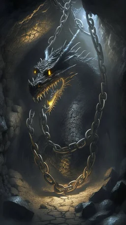 chained, black dragon, dark cave