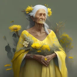 Valli, goddess of Land, Growth, Family and Wilderness. Patron of family. Beautiful grandmother wearing elegant but simple yellow dress, and lots of flowers in her grey hair