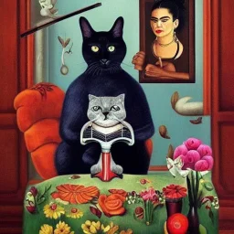 surreal cat playing piano in style of frida kahlo painting