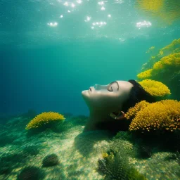 Oya Aydogan underwater with yellow flowers for hair, closed eyes, rtx, reflection, 8k, glow, winning photography, caustics