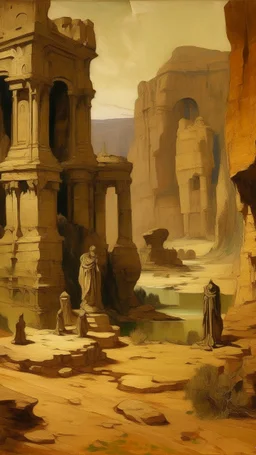 A tan canyon with a ruined temple masks painted by Edgar degas