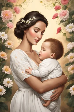 A mother holding a baby with love and compassion, great quality picture show flowers in the background in a romantic scene