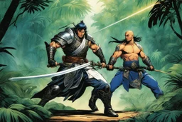 (in the style of Orion, by Masamune Shirow) DUEL: a tattooed gangsta monk with his staff fights against a paladin knight with his two handed sword zweihander in the jungle