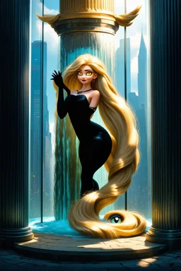 bizarre surreal arafed art, (((heavily stylized Rapunzel))) inside an urban vector tower made of glass columns and dark perpendiculars, (((no facial details))), black revert facial silhouette, demonic yellow slit eyes, fuzzy interlocking untamed hair, long glowing blonde hair like a golden waterfall sweeping into a massive vertical pillar, deconstruct aesthetic, spindle shock, elegant Art Nouveau features with Klimt gold leaf textures, warm yellow orange beige and amber light reflections, abstra