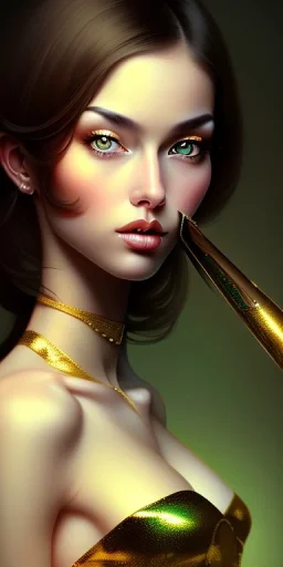 Beautiful female woman with black hair, green eyes, golden rule, high quality render in the style of Norman Rockwell