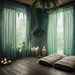 a gorgeous, stunning spa with gauzy curtains, dark wood floor, decorative blue-green ocean in glass ball, plants, smooth black stones, candles, 8k resolution, high-quality, fine-detail, digital art, detailed matte, volumetric lighting, illustration, 3D octane render, brian froud, howard lyon, selina french, anna dittmann, annie stokes, lisa parker, greg rutowski, George Grie, Ben Goossens, Igor Morski