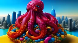 A digital art piece of a giant octopus made of jelly beans, attacking a city skyline