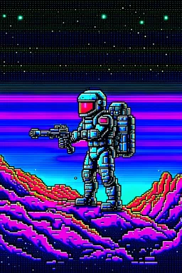 Astronaut with laser gun in pixel art on a wild planet