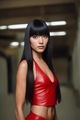 full color Portrait of 18-year-old Lenna Nimoy, with long, straight black hair, the bangs cut straight across the forehead, with a red leather bikini on - well-lit, UHD, 1080p, professional quality, 35mm photograph by Scott Kendall