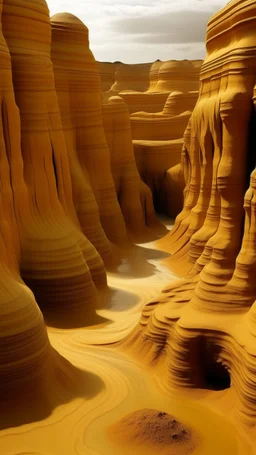 A yellow canyon made out of sandpaper designed in ancient Egyptian pottery painted by Henri-Robert Bresil