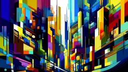 digital painting, A colorful abstract cityscape with geometric shapes, patterns, and architectural elements. The scene features a mix of buildings, roads, and other urban structures in a vibrant, stylized composition, bold and slim lines, brush strokes