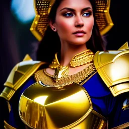 ultra detailed fullbody Portrait in oil on canvas of a beautiful busty woman with Gold Saints Armor with helmet,extremely detailed digital painting, extremely detailed face,crystal clear Big eyes, mystical colors ,perfectly centered image, perfect composition,rim light, beautiful lighting,8k, stunning scene,extremely sharp detail,finely tuned detail, ultra high definition raytracing, in the style of robert e howard and pablo oliveira and Ken Kelley and Ohrai Noriyoshi and Simon Bisle