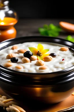 A pot of creamy kheer: Show a pot of kheer, with a sprinkling of nuts and raisins on top. Add a caption like “Creamy and delicious kheer, made with milk, rice, and sugar”.