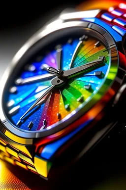 A close-up image of a dazzling rainbow watch, focusing on the reflection of the sunlight on its metallic elements and the play of colors on its face.