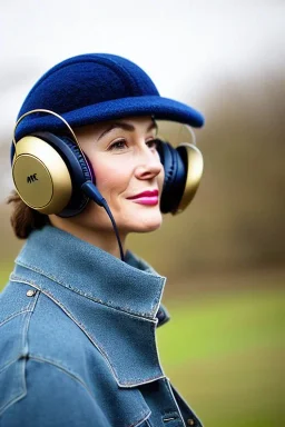 Fresh woman, no make-up, plum-blue-camouflage jacket. Old-fashioned things like CD's, microphone integrated to mask! Wool visor to tippet, AKG headphones, golden rings. materials are denim, leather and felt cloth mixed. Fashion 1990's. Venue: Farm Recycled plastic, stuff, nature, Chicken and cockatoo, Natural Light. Possible colors: Cream white, zinc plate, red ochre, ochre. Thick tights. Thick calves. wide hip