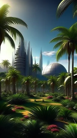 sci fi planet, modern city, gardens, palm trees