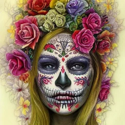 high-quality, fine-detail watercolor of realistic day of the dead painted face, flowers, artwork, 8k, intricate, detailed, ornate, illustration, brian froud, howard lyon, george grie, ben goossens, anna dittman, jeffrey robert, don marco