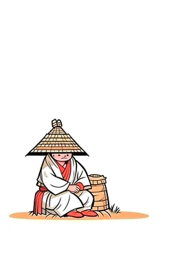 Cartoon Samurai sitting against wall with rice hat