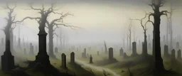 A graveyard filled with screaming ghosts painted by Caspar David Friedrich