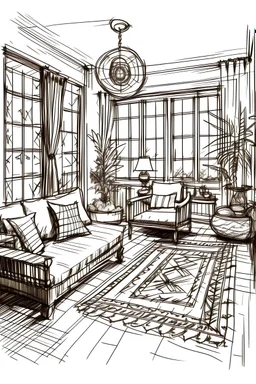 Simple rando sketch interior design of a bohemian style living space