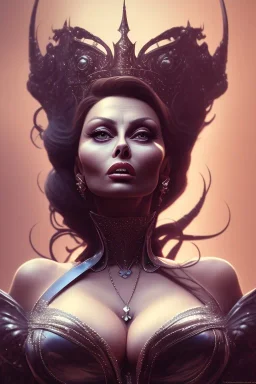 Sophia Loren as evil queen in black leather, cleavage, angry, stern look. character design by cory loftis, fenghua zhong, ryohei hase, ismail inceoglu and ruan jia. unreal engine 5, artistic lighting, highly detailed, photorealistic, fantasy