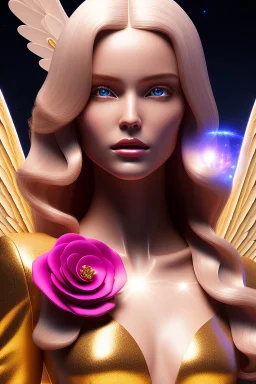 Flower, face,angel, blondie, beautiful place,amazing, cosmic, colors, planet, gold, realistic, photo real, stars night, detailed, high contrast, 8k high definition, unreal engine 5, extremely sharp detail, light effect, light background