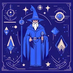 blue color scheme, a wizard, magical theme, art-deco style, a flat design logo