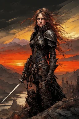 A formidable warrior girl in black armor, on the background Amazing gloomy landscape, flooded with sunset, mountains, trees, fabulous scary hero, , juicy emotions, painting, dark fantasy, gloomy day, dark world, portrait, Gothic Town At Night, Fantasy, Intricate Details, Castle Courtyard Gardens, Hyper Detailed, Jean Baptiste Monge, Carne Griffiths, Michael Garmash, Seb Mckinnon, Masterpiece