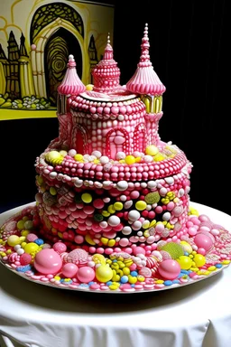 A pink ruined coliseum made out of sweets with fairies painted by Roy Lichtenstein