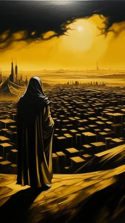 oil painting of a city of gold That lies in the distance with big black hooded shadow in the background