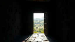 Interior of a dark dismal prison cell, looking out through an open cell door into gardens and distant hills in bright sunshine and freedom. Exquisite composition, beautiful detailed intricate detailed octane render, 8k artistic photography, photorealistic, perfect light, chiaroscuro, award-winning photograph, masterpiece