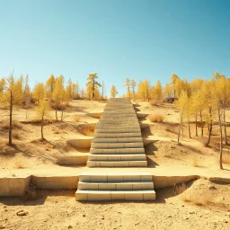 Photograph, wasteland, taiga trees, bright, brutalist steps, daylight, all'aria aperta, brutalist, liquid, polvere, open air museum style, blue, apparecchi elettronici, powder, punto giallo, minimalist, details of the dust very accentuated, deep 3d field