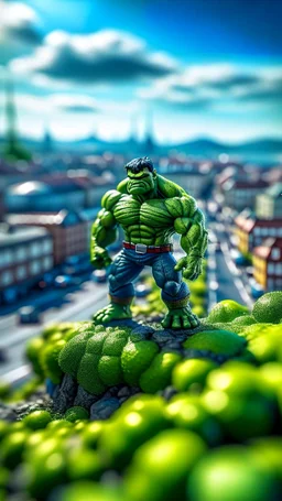 drone shot, close up portrait of Hulk over Nidelven in Trondheim, shot on Hasselblad h6d-400c, zeiss prime lens, bokeh like f/0.8, tilt-shift lens 8k, high detail, smooth render, down-light, unreal engine, prize winning