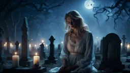 High-resolution, ultra-realistic, 4K cinematic image of a dimly lit villager cemetery at 3am. A blonde very sad woman dressed in white vintage Nightgown. With an expression of pain, closed eyes, crying, surrounded by tombstones and some dark tree, some candle, dark blue night with stars.