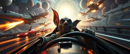 etheral astral weird perspective worried yoga legend race car racing against spaceships going sideways in ramp driver close up portrait of dj magic kobold gremlin farmer pilot looking down on cam, with background in the style of escher and giger, a chill contrapunctus fugue in the style of fsol, beethoven, goa trance breaks, dancefloor drum and bass, burning cars, fire storm lightening, and explosions