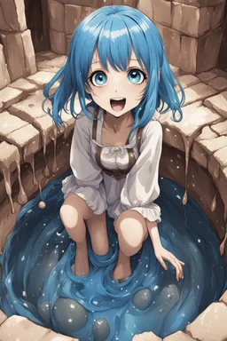 Anime girl with big eyes, blue and sepia tones, fullbody, slime, the perspective looking up from the bottom of an empty well, rolling eyes, tongue out, smile drip, open mouth,