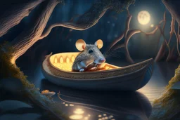 portrait of handsome mouse in cheese boat, in moonlit forest by stream, book illustration, fine detail, 4k, trending, volumetric light, depth of field