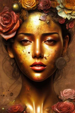 an abstract painting of rusted metal and flowers and beautiful girl portrait, rust, scaffolding, iron cladding, decay, mixed media, textured, anatomically correct, beautiful perfect face, sharp focus, highly detailed