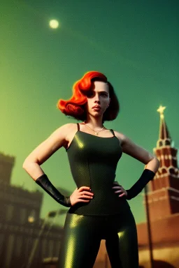 retro portrait image from 1960, Moscow background, wind, long red hair, fighting stance, sweet young Scarlett Johansson, classic tight lycra black suit, weapon, gold bracelet and belt, high heel boots, soft color, highly detailed, unreal engine 5, ray tracing, RTX, lumen lighting, ultra detail, volumetric lighting, 3d, finely drawn, high definition, high resolution.