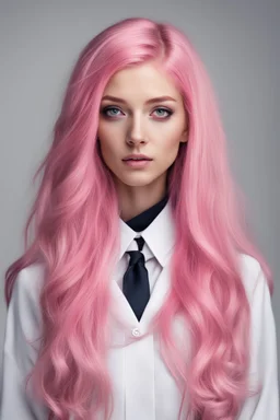 beautiful young woman with long pink hair in a uniform