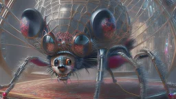 a spider mickey mouse hybrid, photorealism, movie screen capture, horror, sci-fi, retrofuturism,