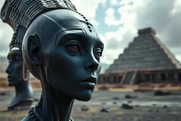 Hyperrealistic medium shot, low angle portrait of alien woman. Her face has the features of the mohais of Easter Island on an unknown planet. He has stone skin black as coal. Behind her, you can see the alien planet landscape and far away a stepped pyramid shape under construction. High detail. Trendy cinematography. 32K. extremely detailed. Professional photography. seductive lighting.cinematography, by pascal blanche rutkowski, artstation hyperrealism painting concept art of detailed character