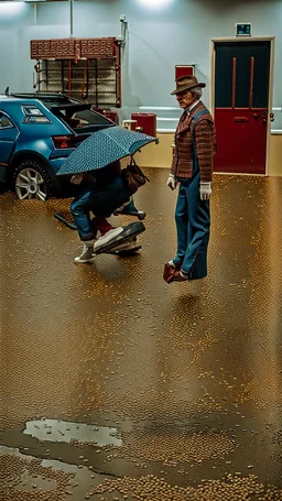 Anthropomorphic, Diorama, Movie scene, Wide shot, Back to the Future (1985), warm vibrant color tone, 16mm film quality of with film grain, UHD, perfect white balance, Alberto, Canon EOS R6, Prime lens photography, perfectly balanced dim lighting, Real human skin, White balance, Sharp details