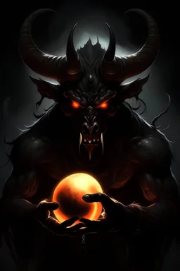 a solid black demon with horns, tusks, And glowing white eye cupping a glowing orb in their hands.